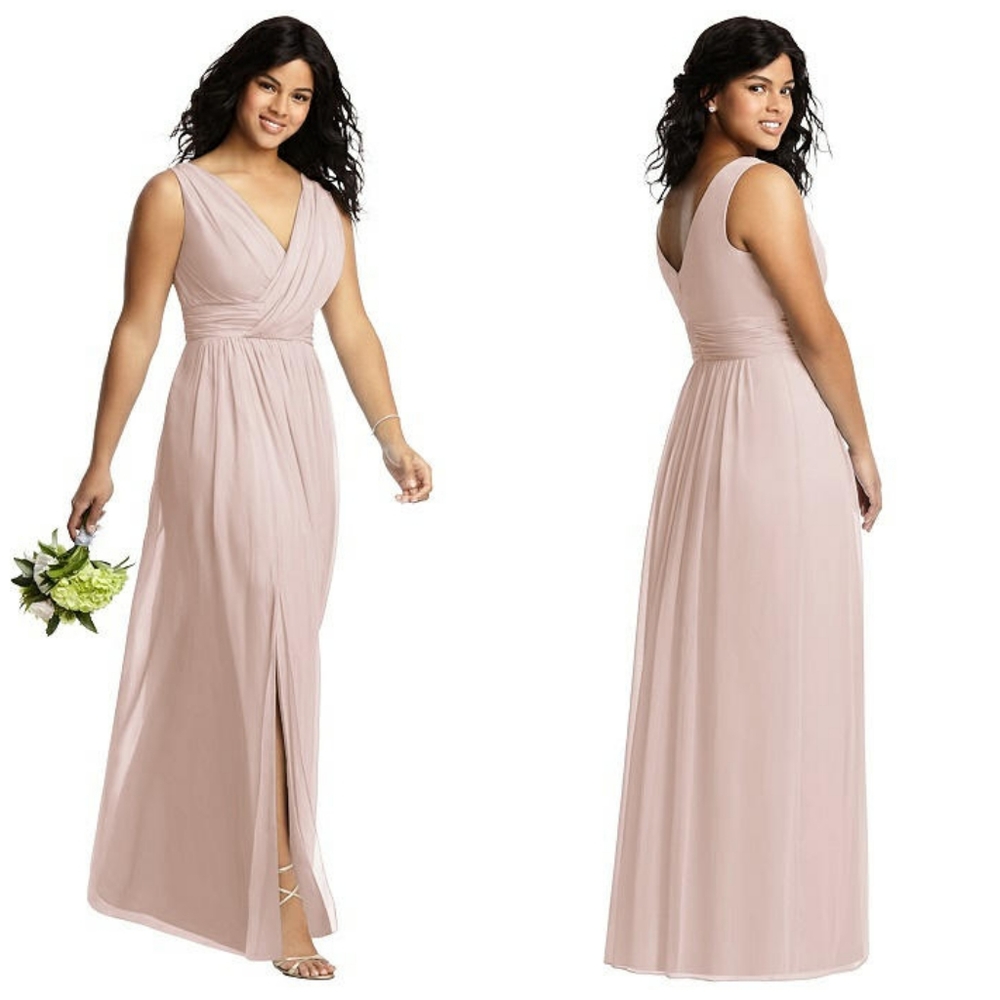 NWT Dessy Collection sleeveless draped chiffon Maxi with front slit cameo size 6